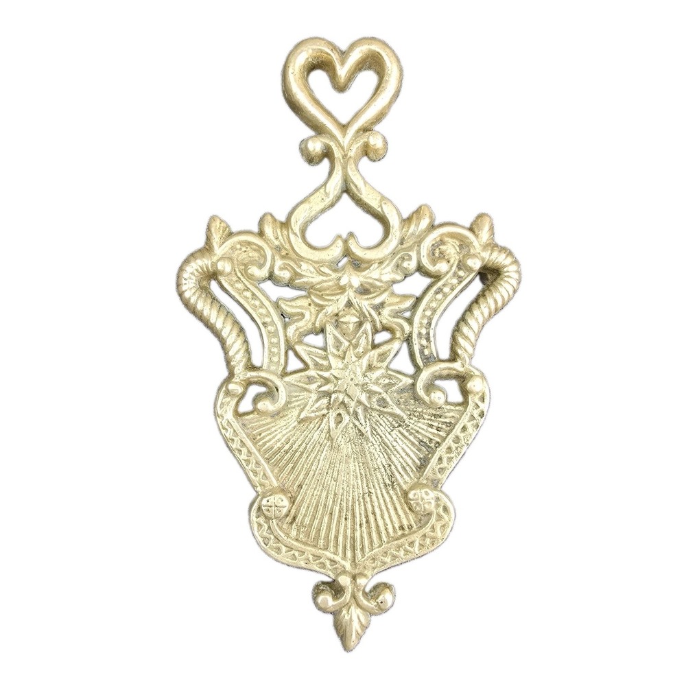Vintage Brass Trivet Heart Sunburst Fleur de Lis Ornate Footed 9" Hot Plate